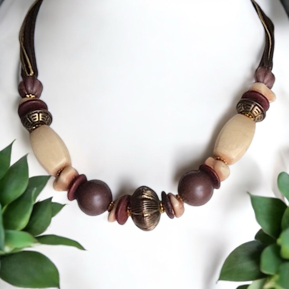 Brown and Bone Rope Gold Beaded Choker Necklace